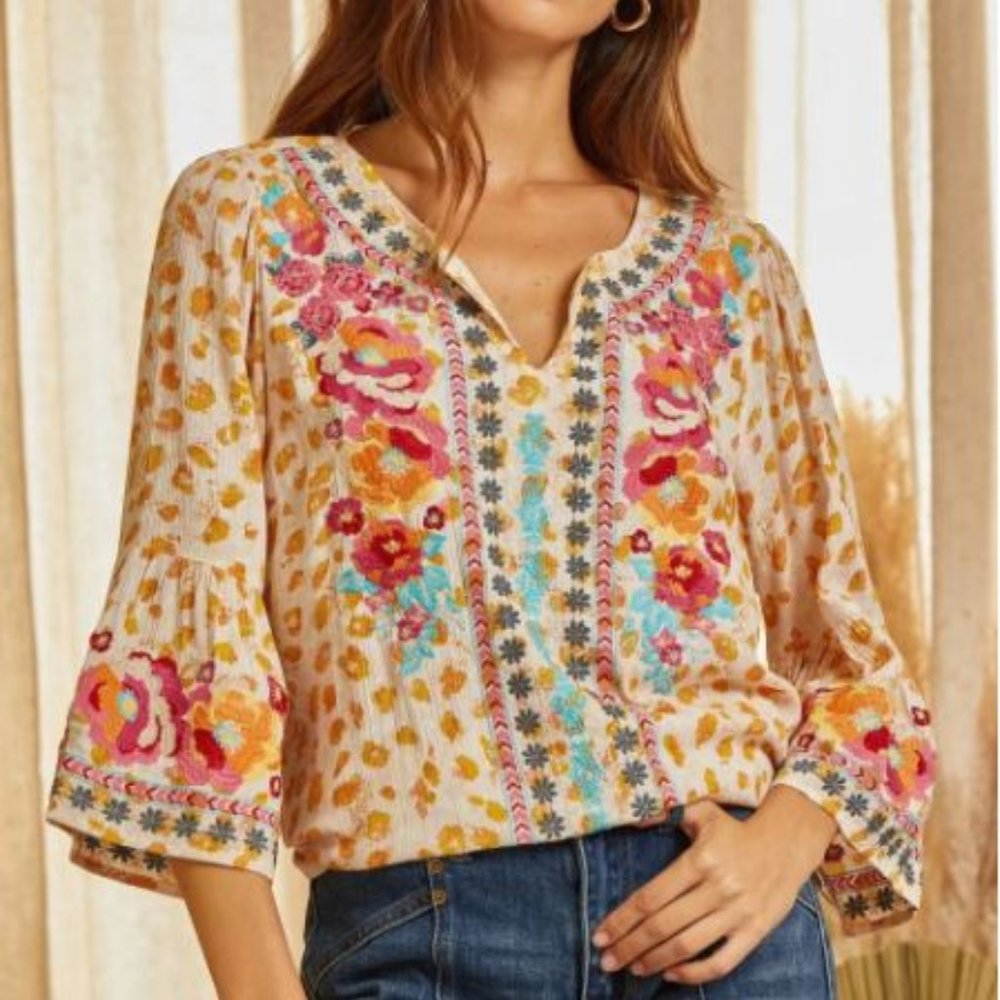 Savanna Jane South Beach Embroidered Leopard Top, Marigold